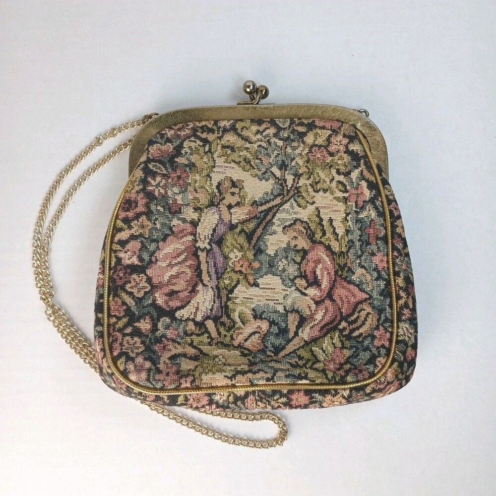 Vintage Victorian Tapestry Needlepoint Bag Gold Detail Clasp Purse Clutch JR USA